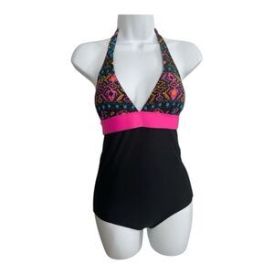 Sunshine Zone Halter Deep V-Neck One Piece Swimsuit Size M Black Pink Printed
